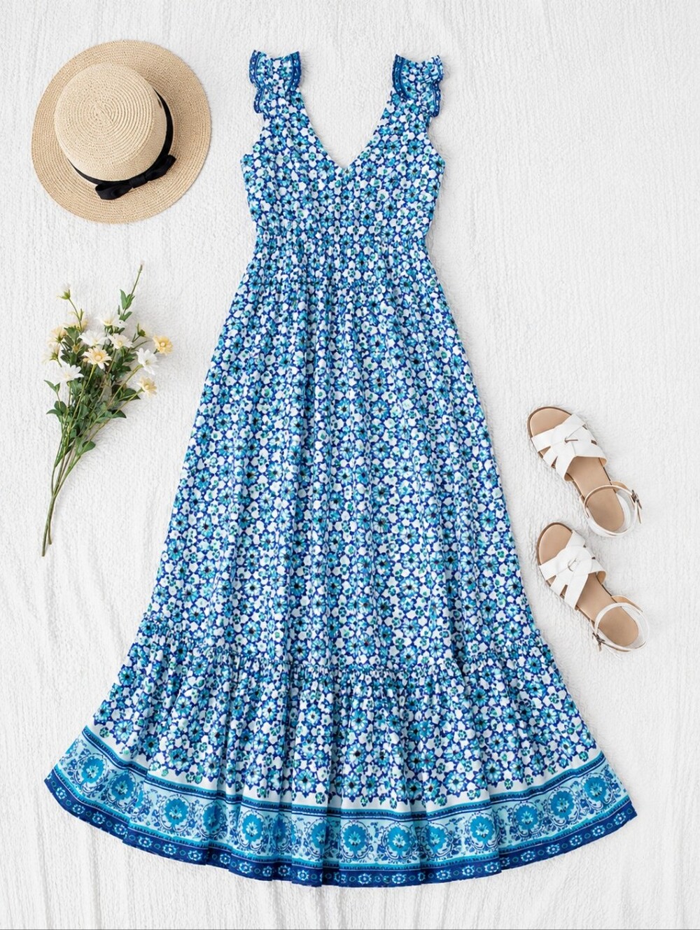 Lucky Brand Blue & Turquoise Floral Maxi Dress